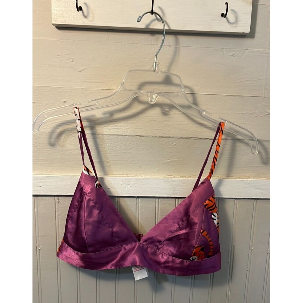 Nasty Gal Women's Cute Little Satin Bra Top Purple & Orange Tiger Printed Size 4